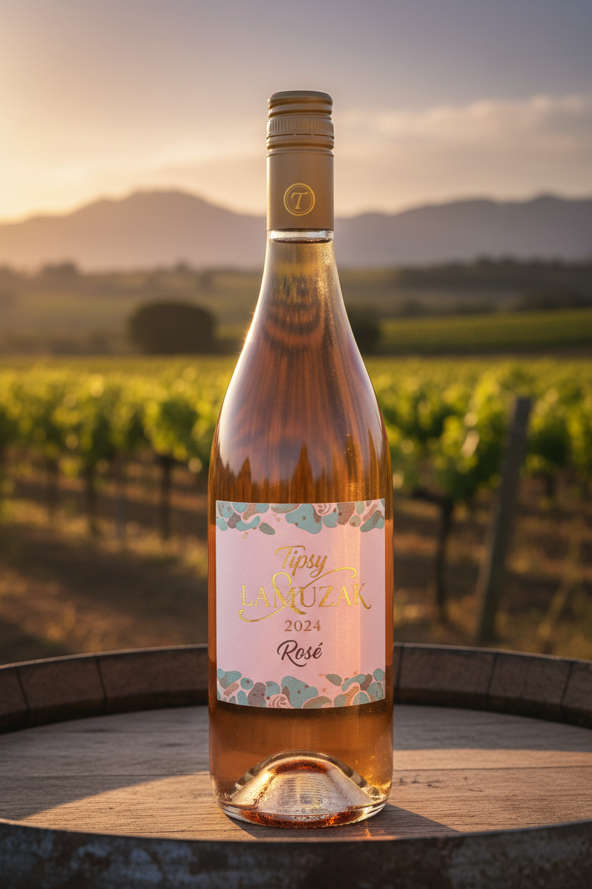 Tipsy LAmuzak 2024 Rosé bottle with gold label and aqua blue accents