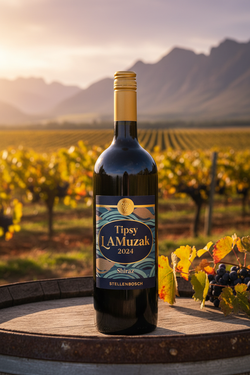 Tipsy LAmuzak 2024 Shiraz bottle with gold label and aqua blue accents