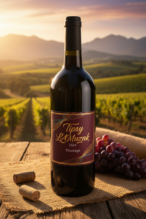 Tipsy LAmuzak 2024 Pinotage bottle with gold label and aqua blue accents