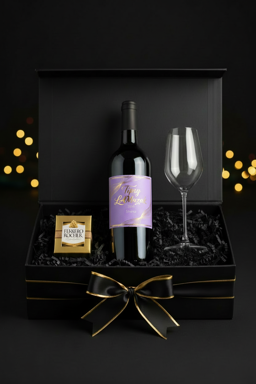 Tipsy LAmuzak Shiraz Christmas Gift Box with lilac purple label, wine glass and Ferrero Rocher