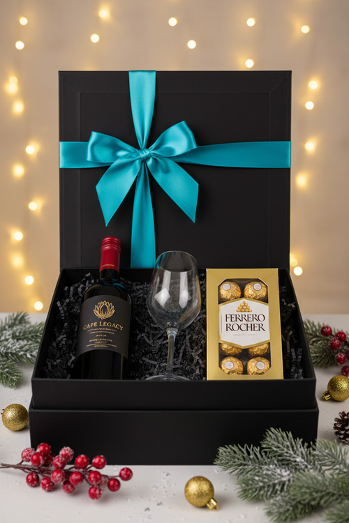 Tipsy LAmuzak Pinotage Christmas Gift Box with wine glass and Ferrero Rocher