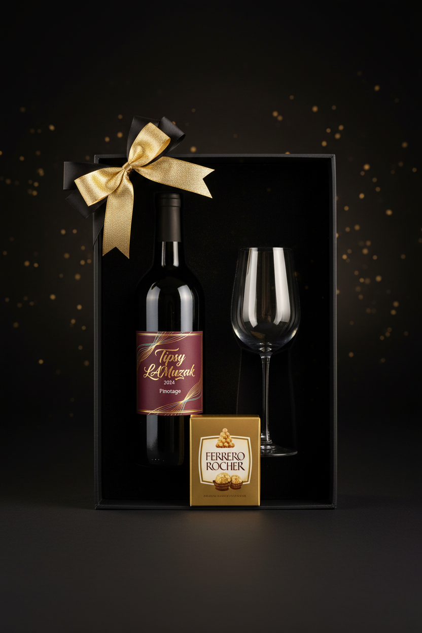 Tipsy LAmuzak Pinotage gift box with actual wine bottle