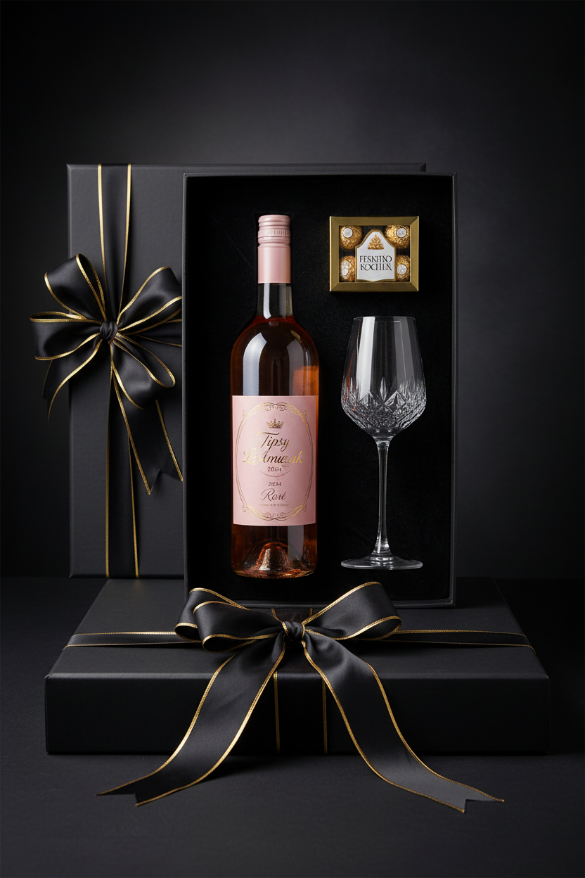 Tipsy LAmuzak Rosé Christmas Gift Box with wine glass and Ferrero Rocher